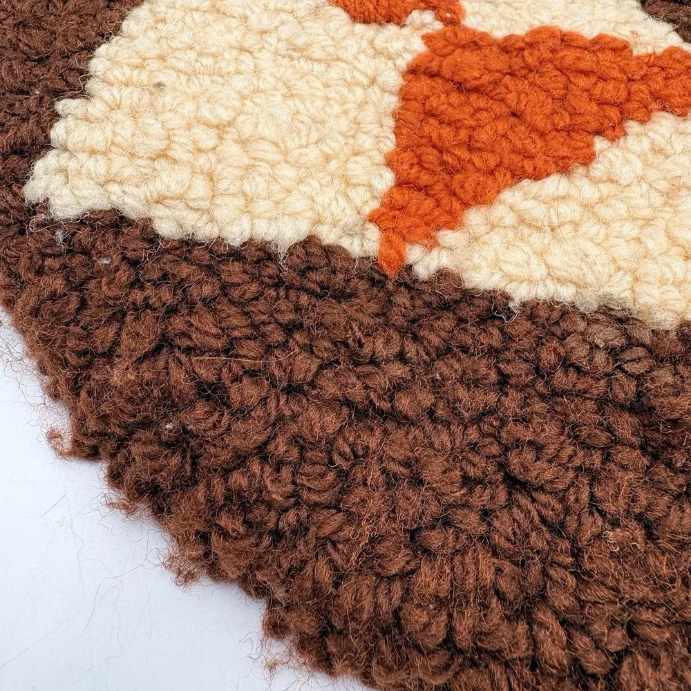 Vintage 70s Latch Hook Round Chair Pad Rug Brown‎ Orange Retro 16